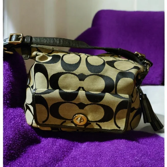 Vtg Coach Black Beige Jacquard Fabric Shoulder Bag Silver Hardwares - Picture 7 of 14